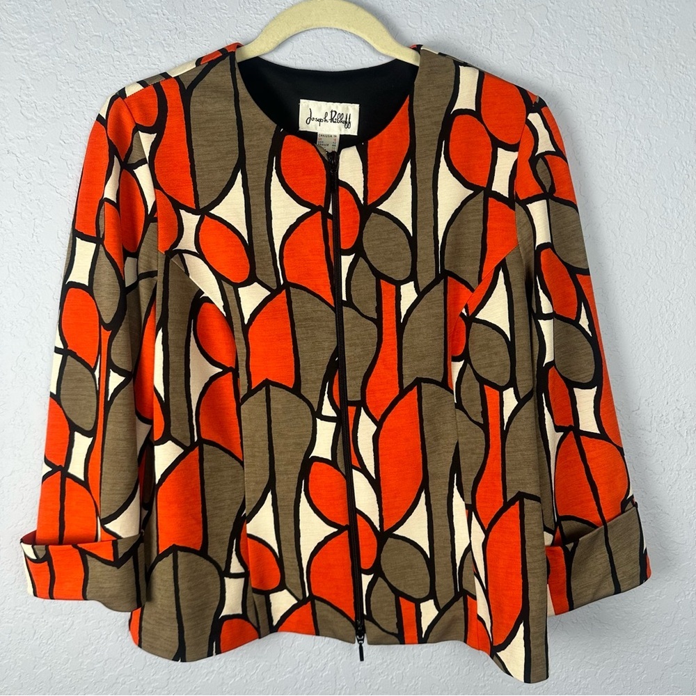 Joseph Ribkoff Orange Brown Cream Abstract Print Zip-Front Jacket